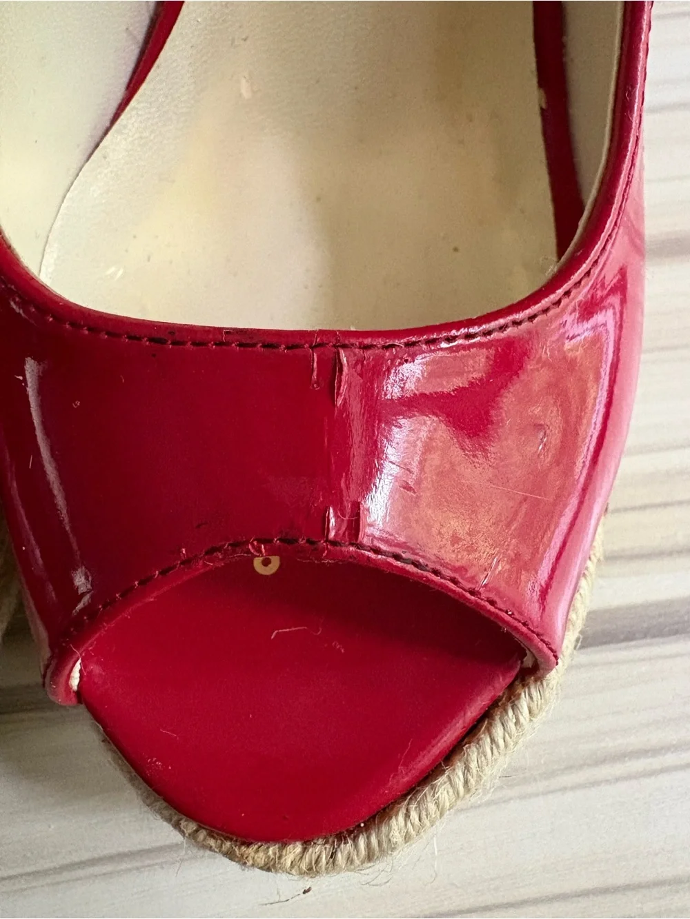 Spiegel Red Patent Peep-Toe Espadrille Wedges